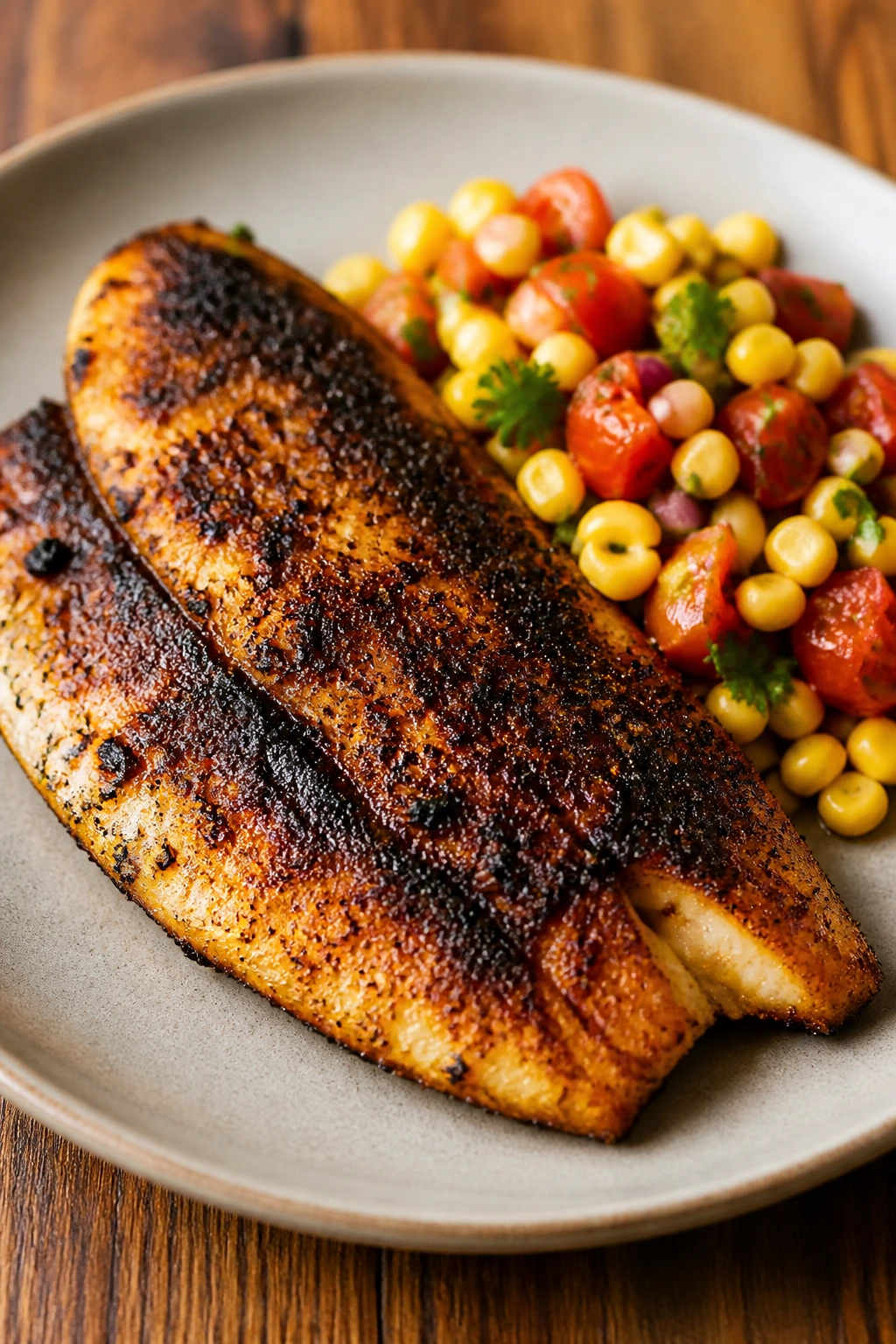 Close-up of blackened catfish with tomato-corn relish