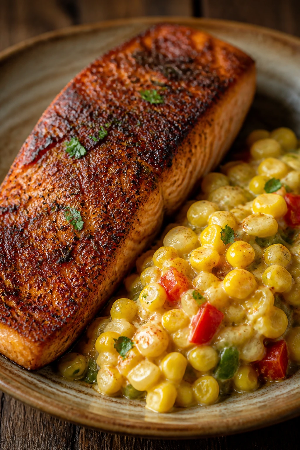 Blackened salmon fillet with corn maque choux on a rustic plate