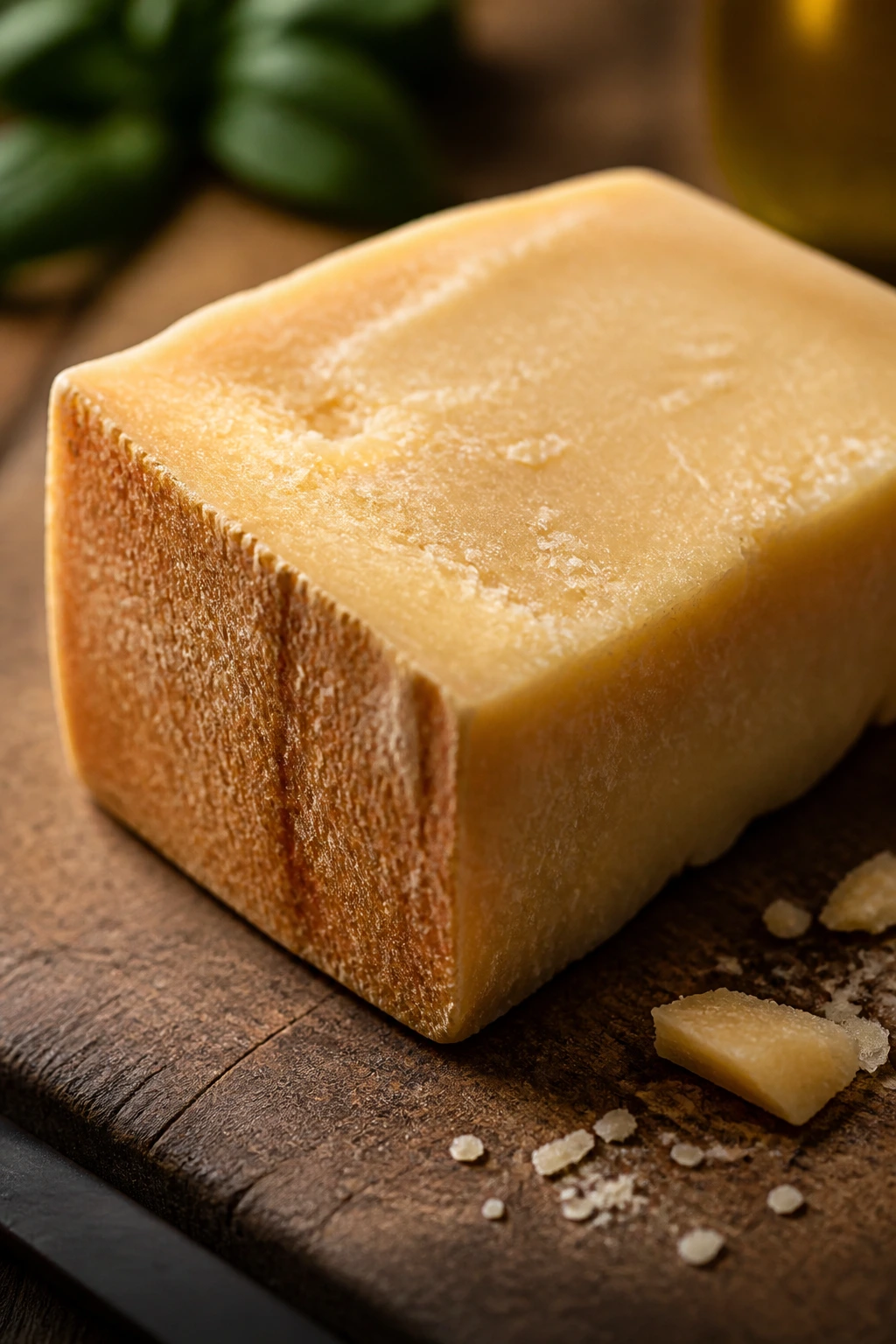 Block of cheese on a cutting board in a warm kitchen