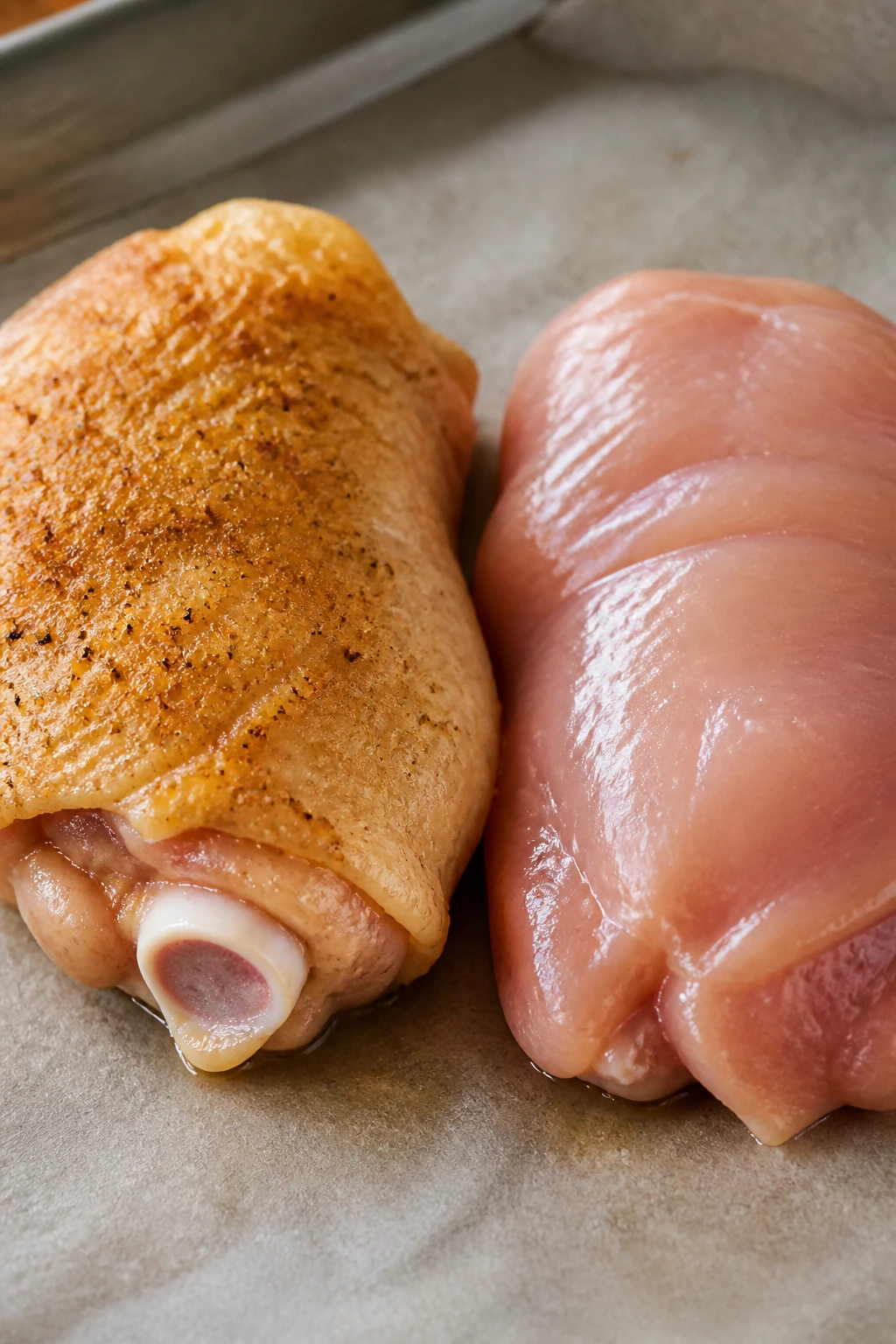 Close-up of bone-in and boneless chicken thighs side by side showing texture