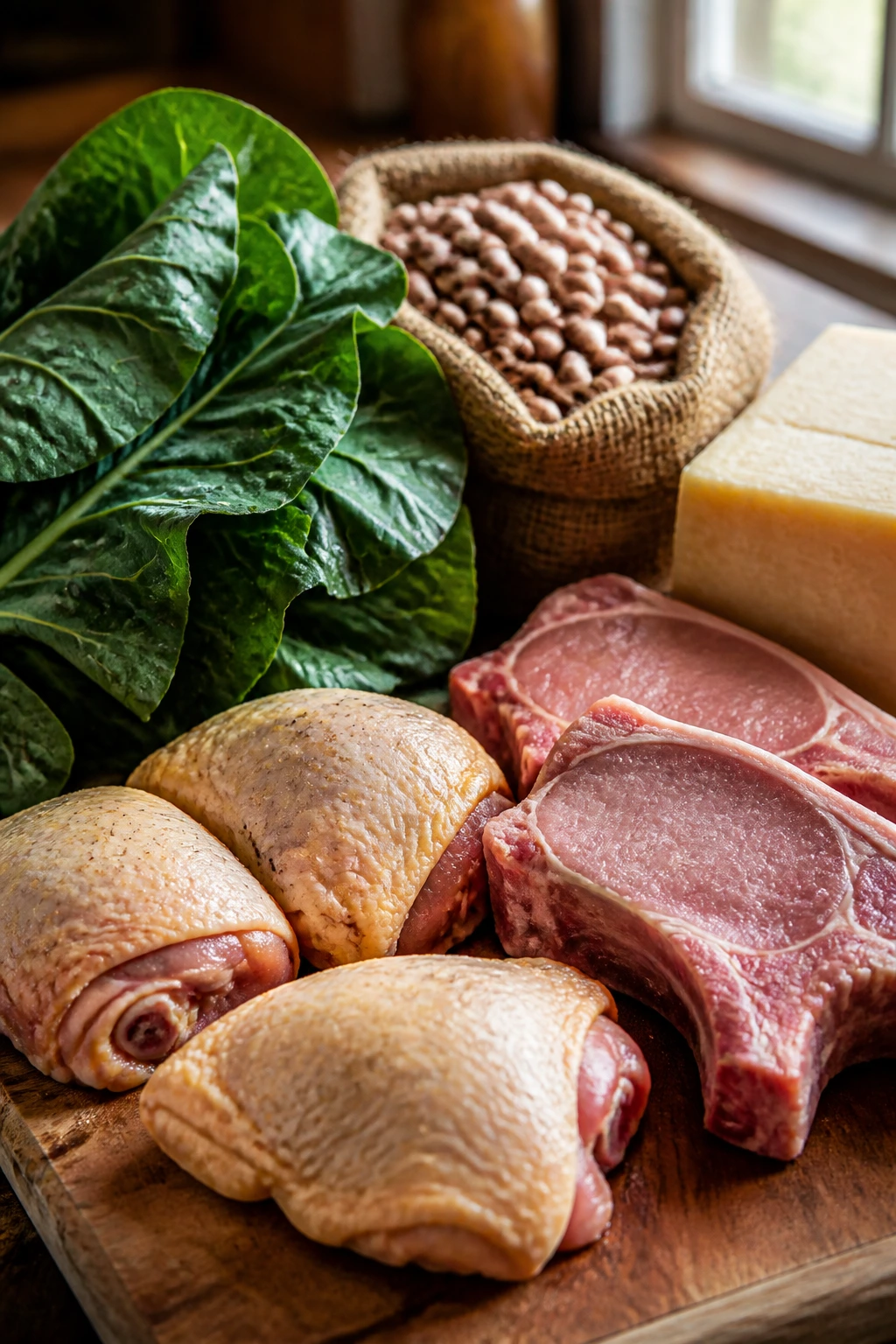 Close-up of bone-in meat, greens, beans, and cheese on a cutting board in a kitchen
