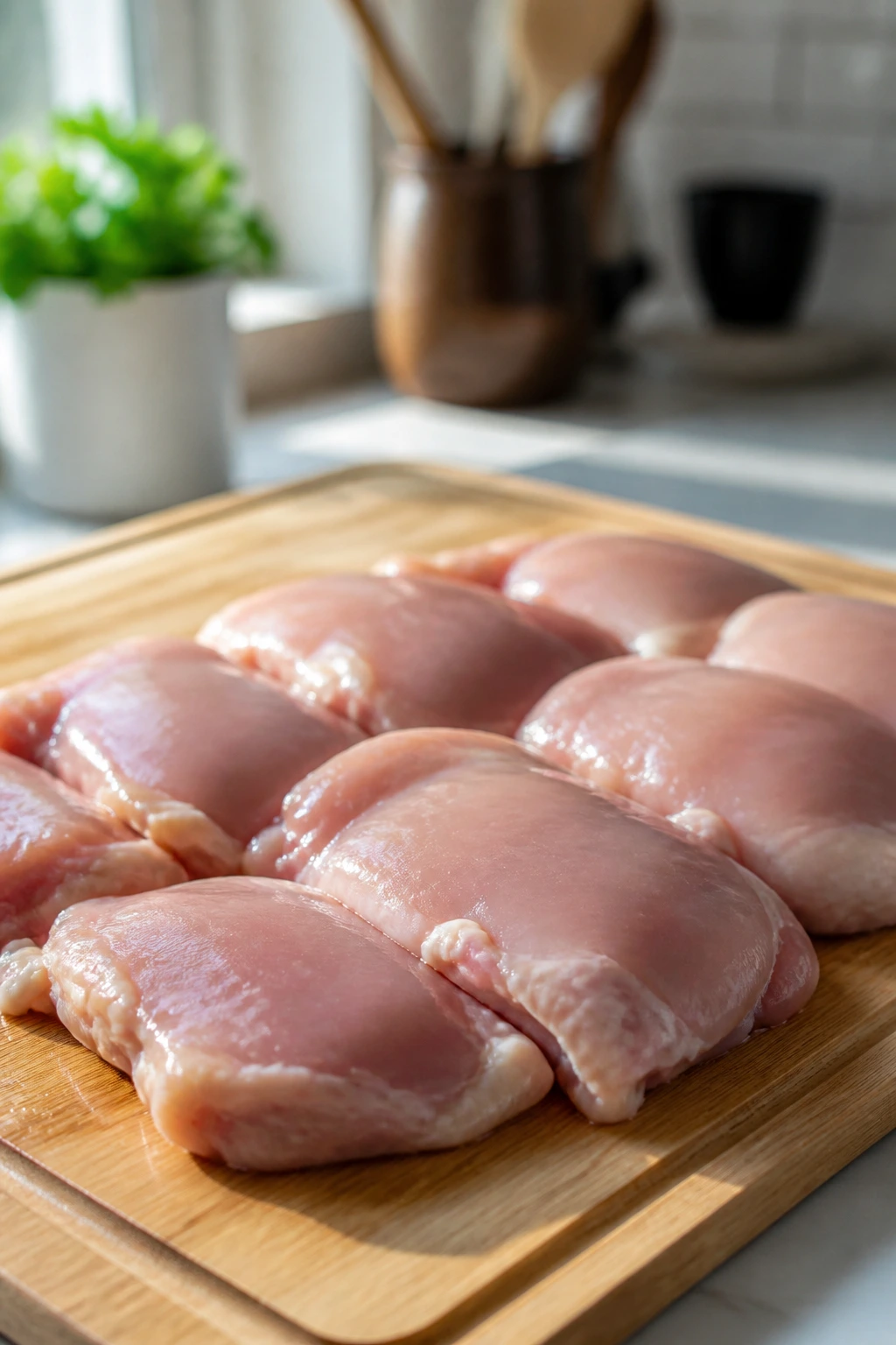 Boneless chicken thighs on a cutting board in a bright kitchen