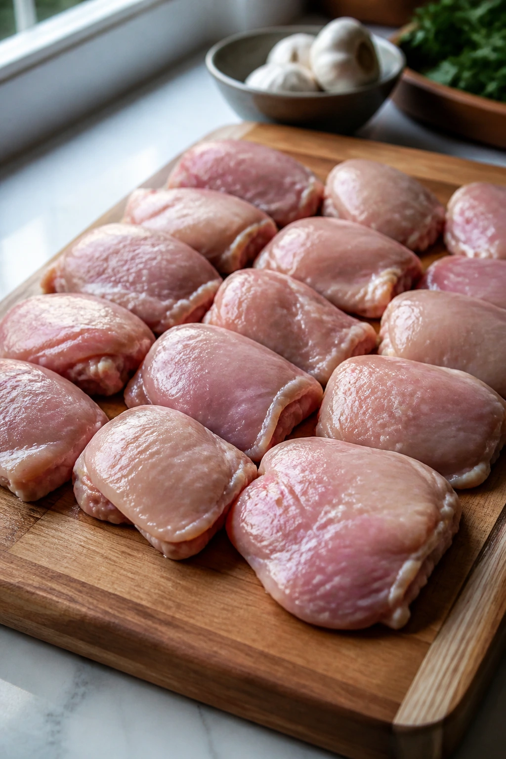 Boneless chicken thighs on a cutting board showing variations.