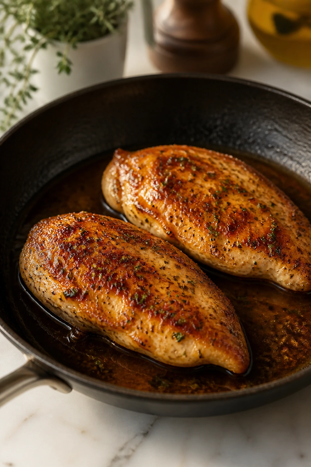 Two boneless chicken breasts browning in a skillet