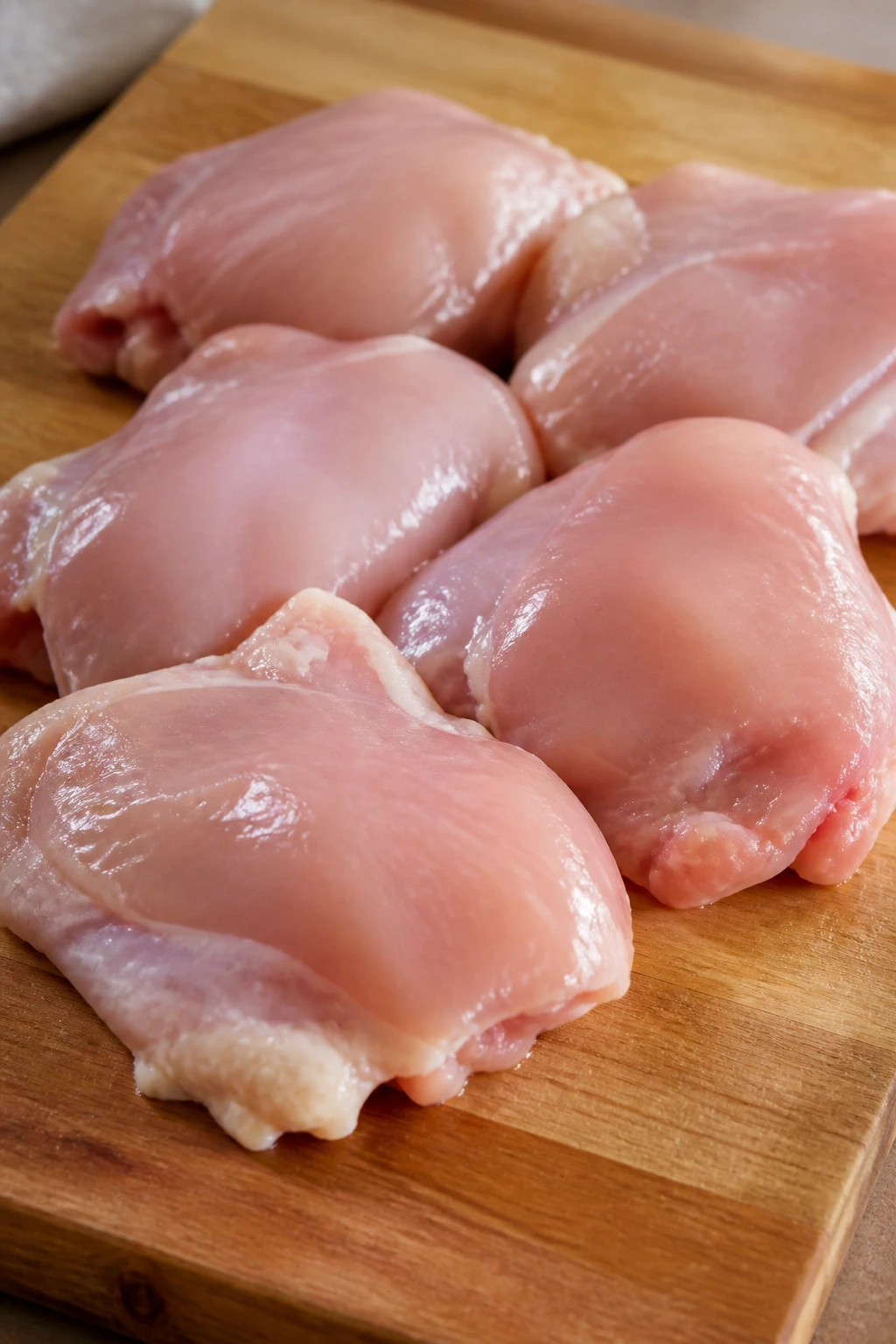 Raw boneless skinless chicken thighs on cutting board