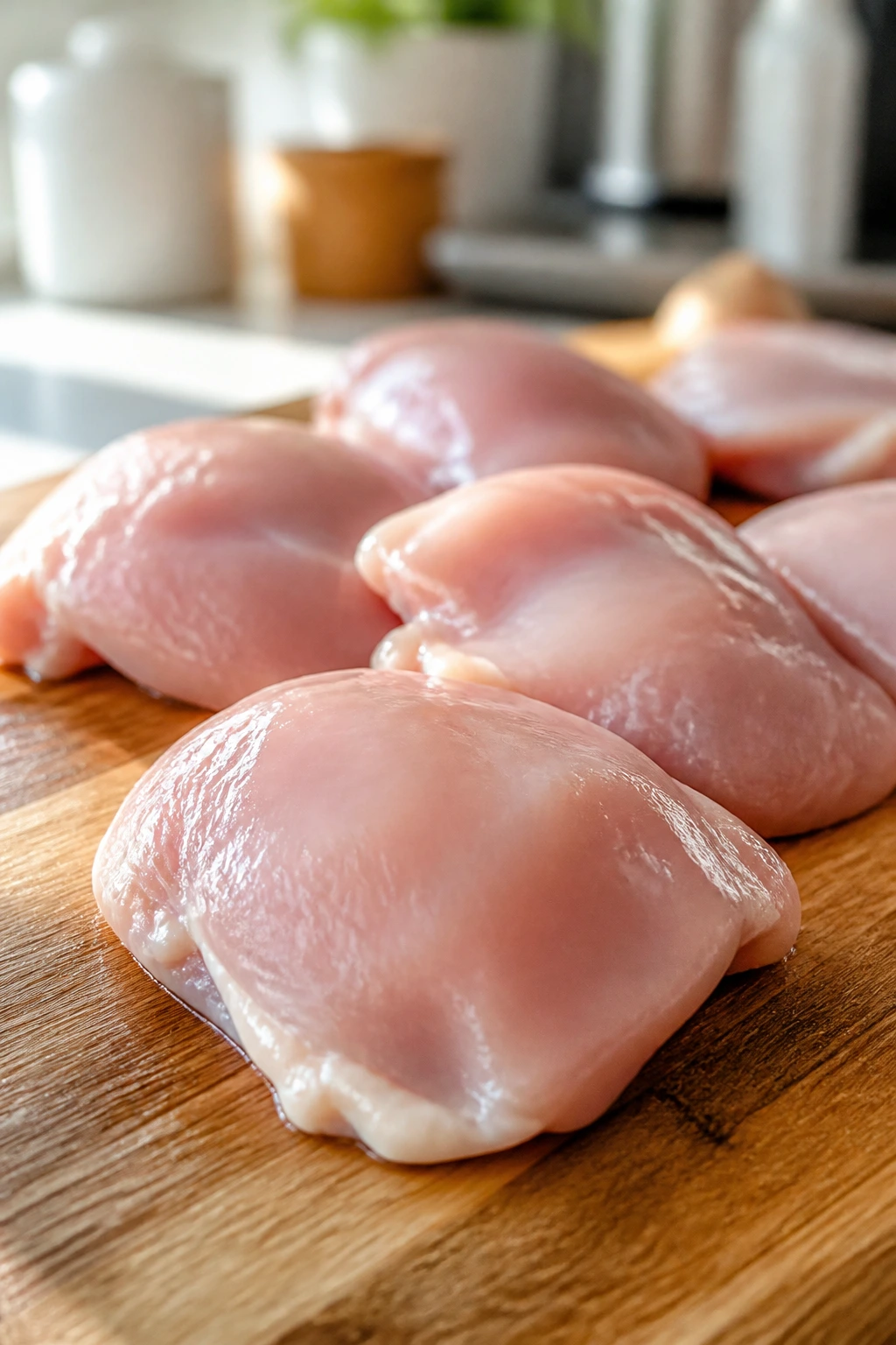 Boneless chicken thighs on a cutting board in a bright kitchen