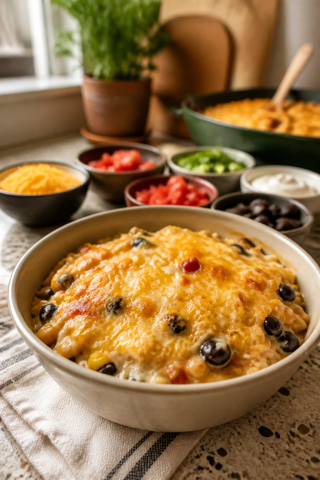 Close-up of a cheesy casserole in a shallow bowl with melted cheese on top