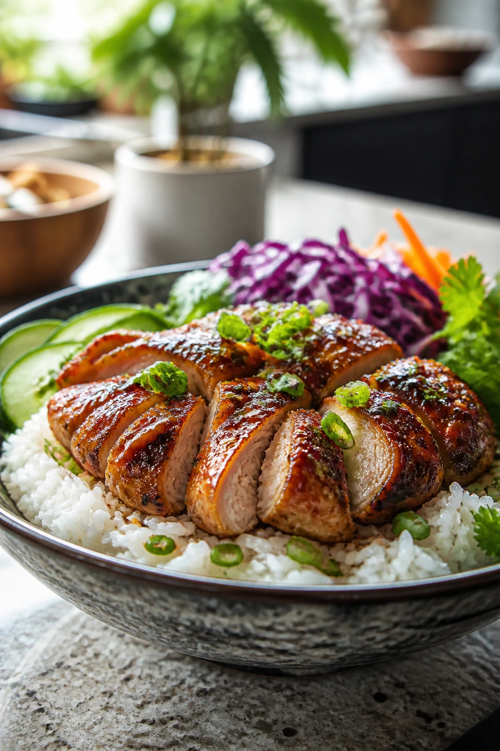 Close-up of a bowl with jasmine rice and glazed chicken thighs on top, in a kitchen