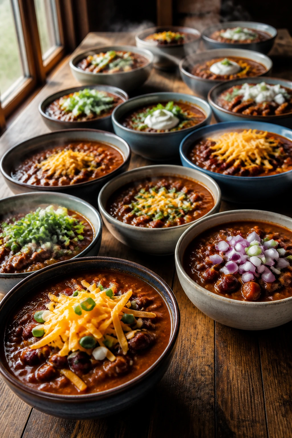 Table with many bowls of chili arranged for a crowd