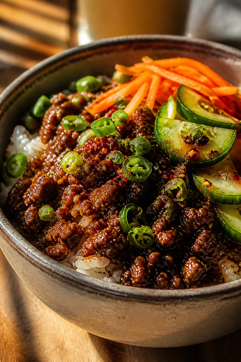 Close-up of a glossy ceramic bowl brimming with hot honey beef and toppings.