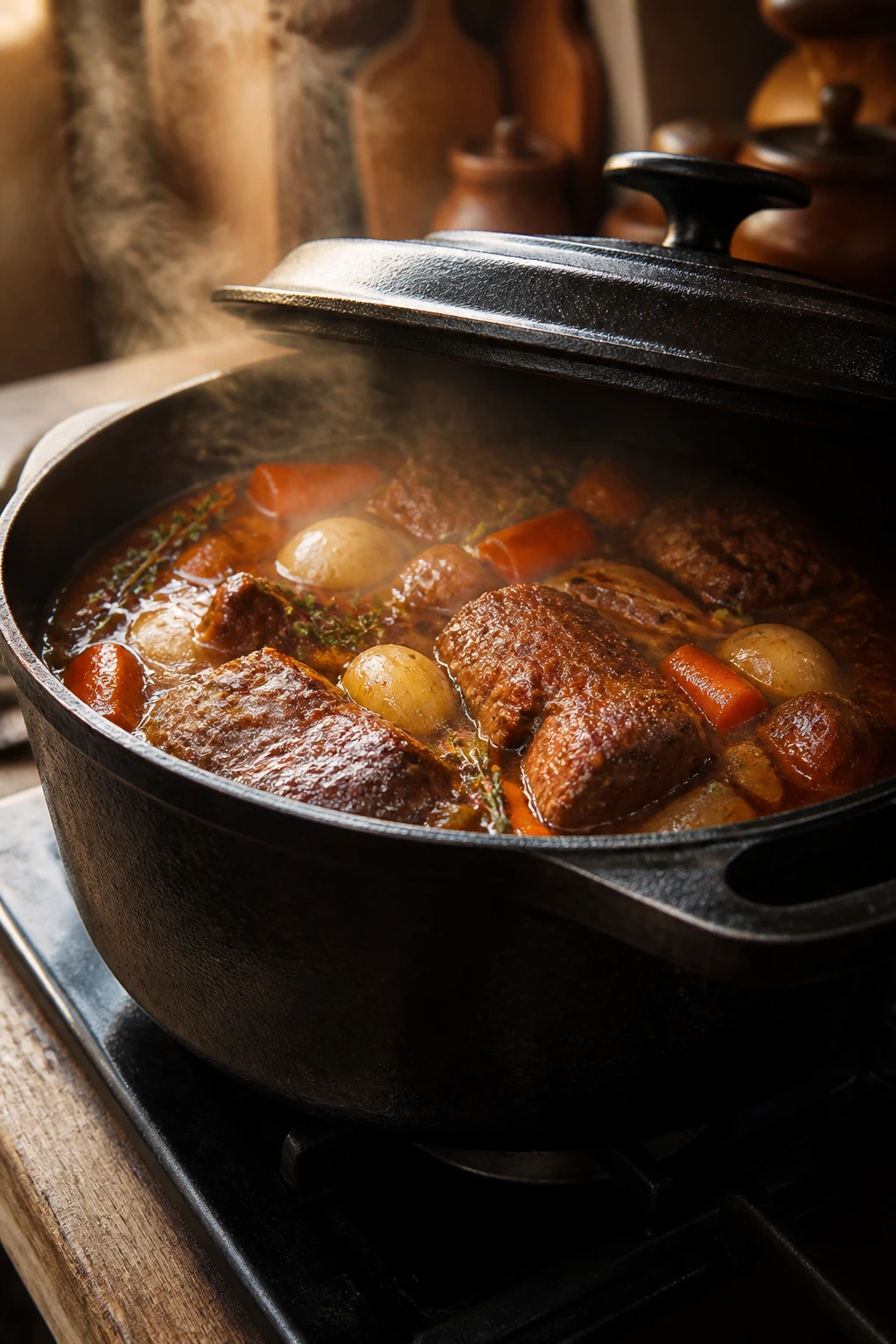 Steaming braise in a cast-iron Dutch oven on a stove