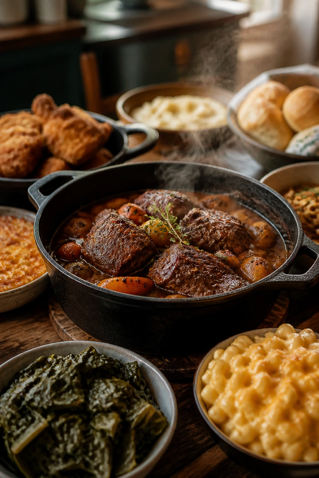 Braised dish on a rustic table with warm kitchen lighting