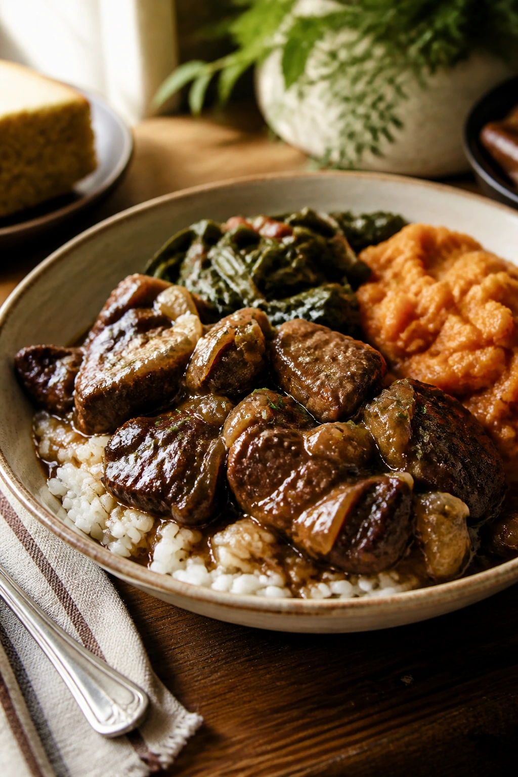 Plate of braised meat with rich gravy on a dinner plate