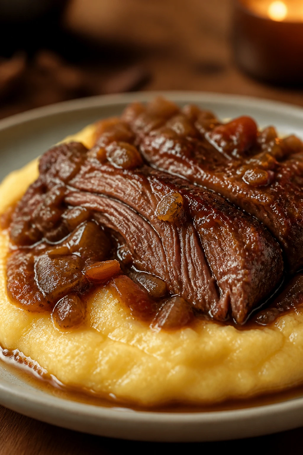 Close-up of braised beef on creamy polenta with rich sauce in a warm kitchen.