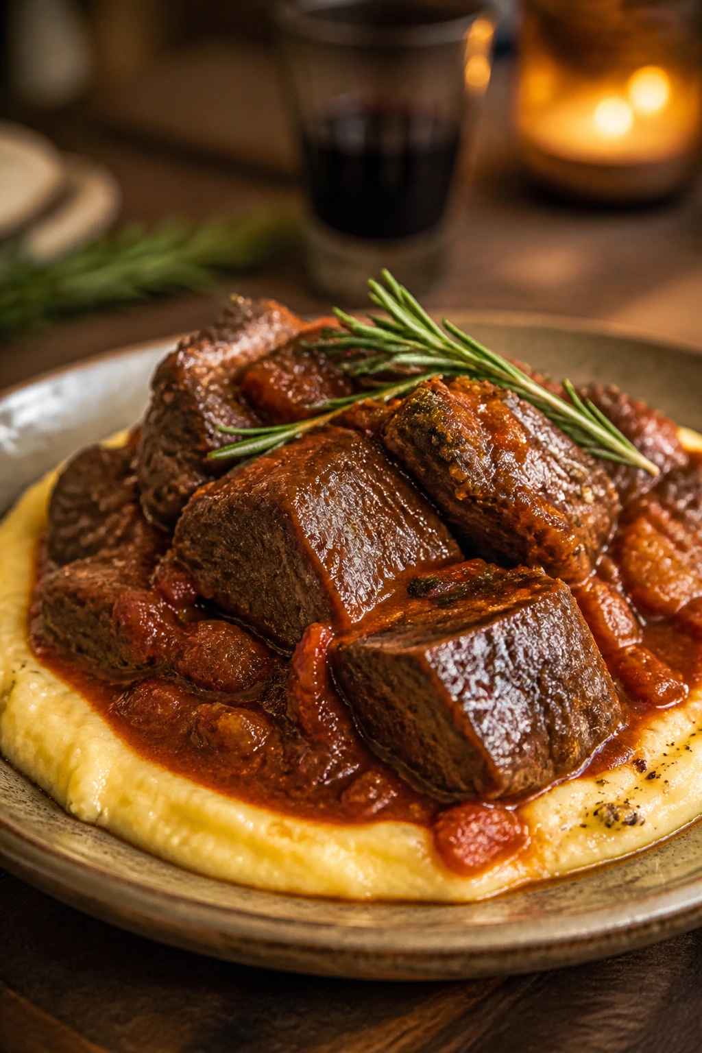 Fork-tender beef over polenta with wine sauce on a rustic plate