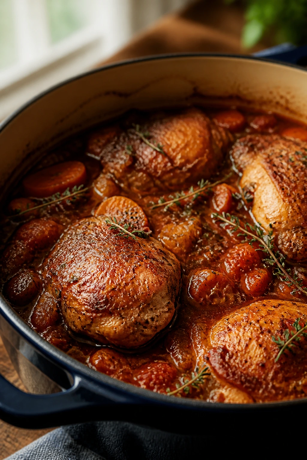 Braised chicken thigh in rich tomato-herb sauce in a Dutch oven