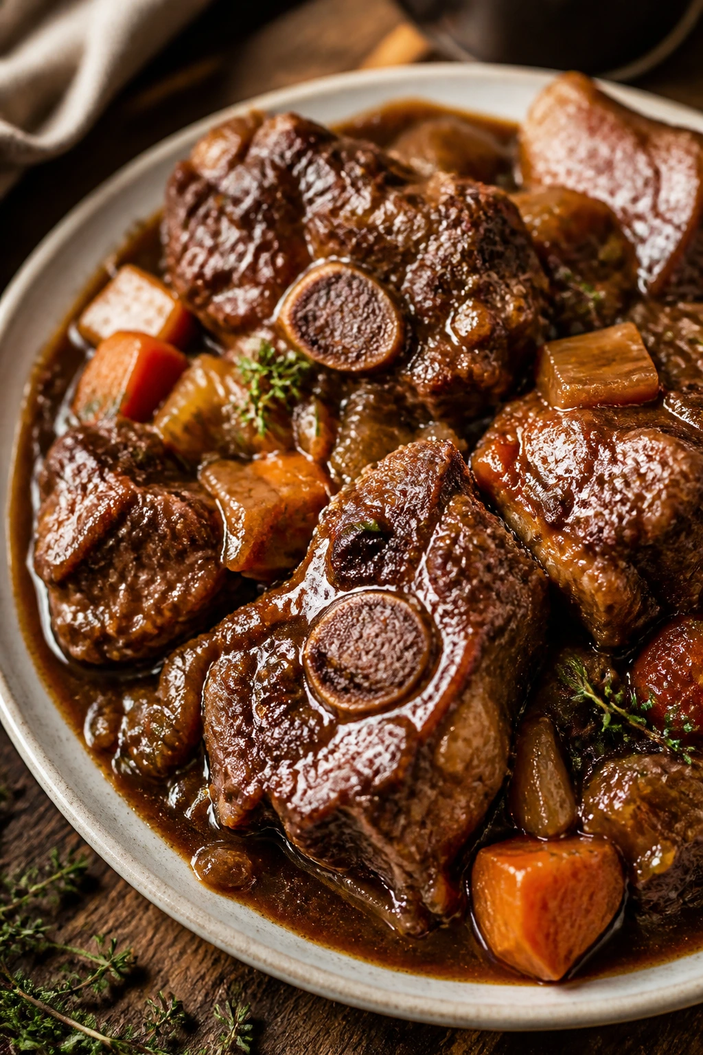 Close-up of glossy braised oxtails in brown sauce