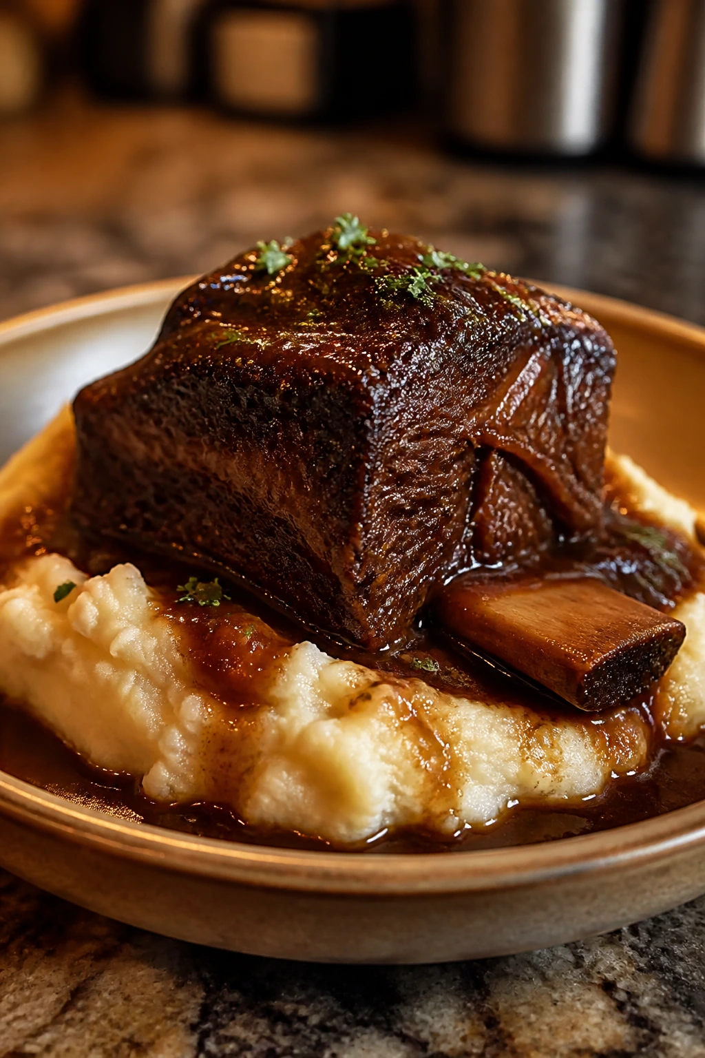 Braised beef short ribs with mashed potatoes and sauce