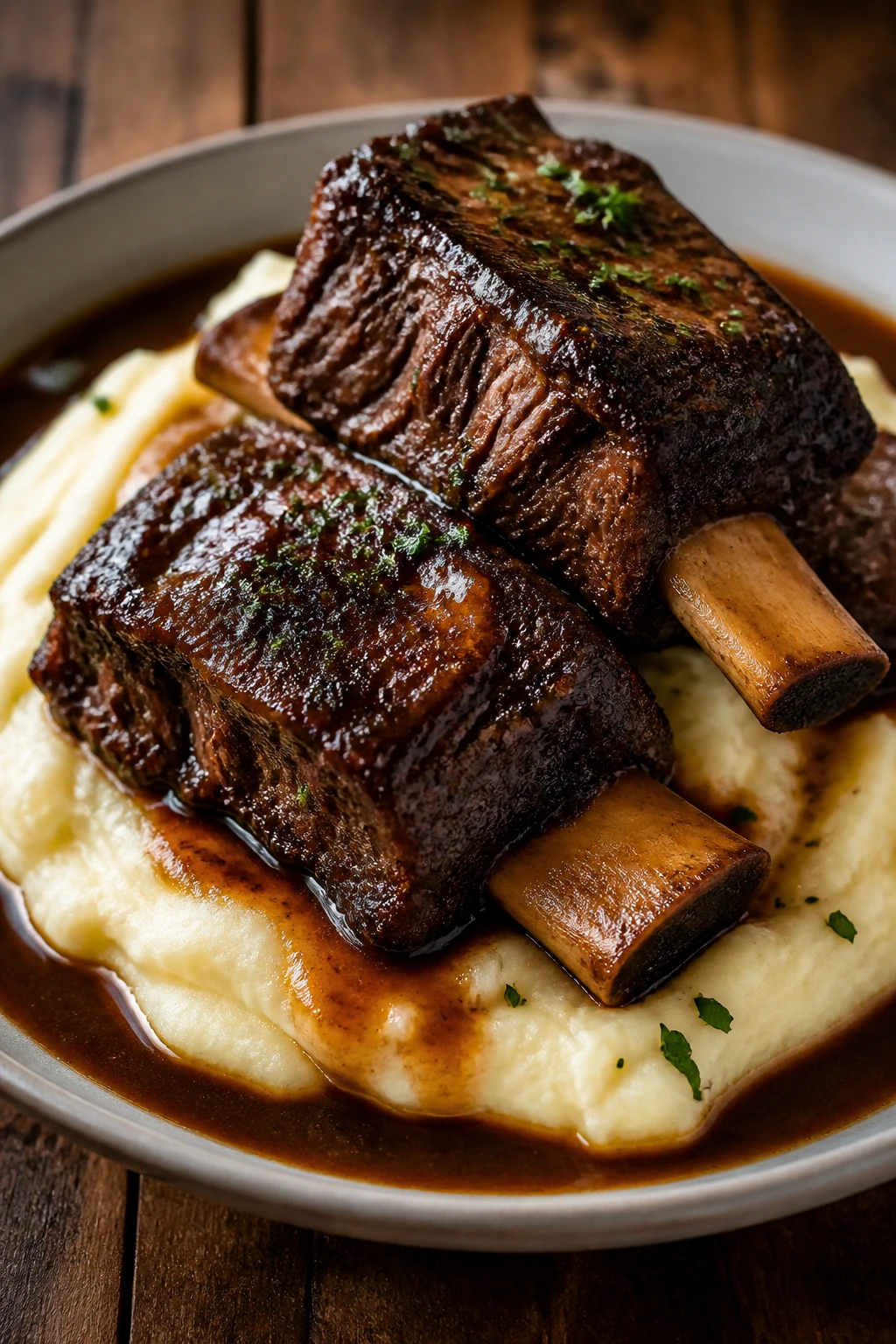 Close-up braised short ribs with Parmesan mashed potatoes on a plate