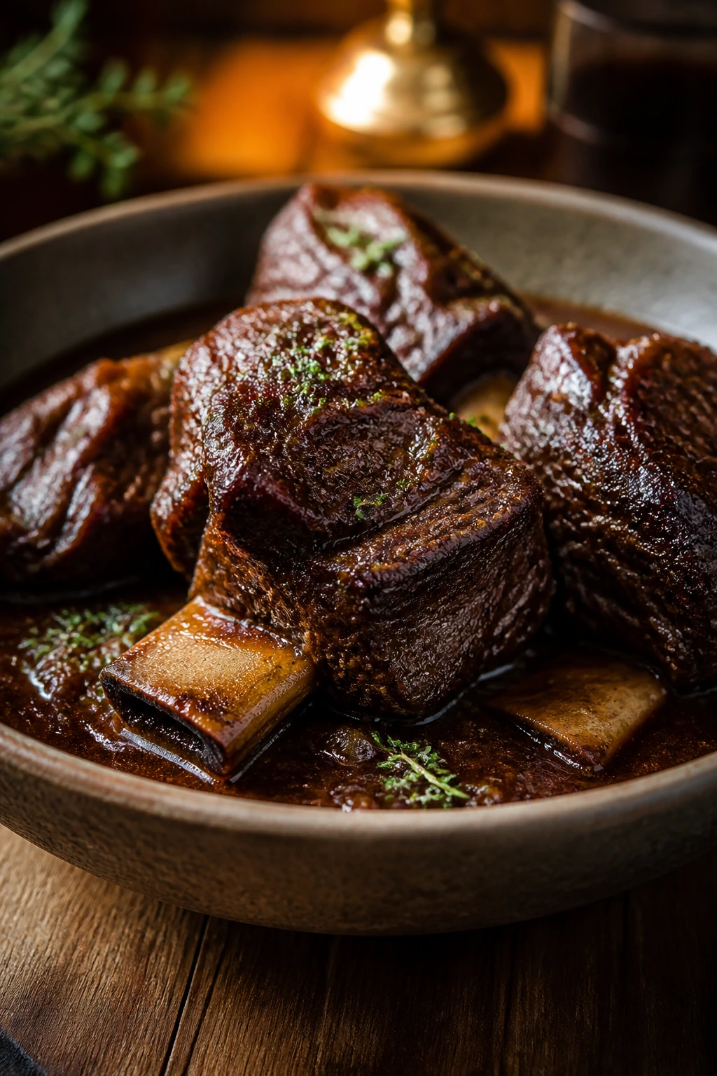 Braised short ribs with glossy sauce on a rustic bowl