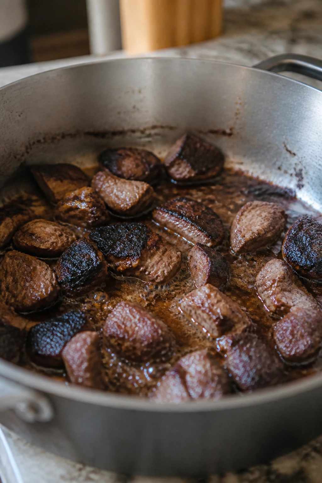 Pan with uneven browning of meat on a kitchen counter