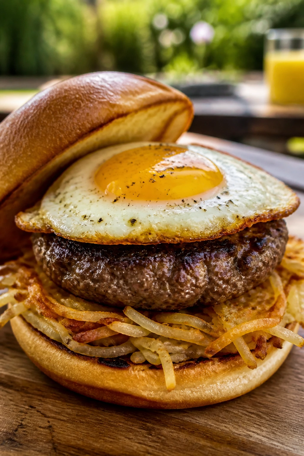 Breakfast burger with fried egg and hash browns on a bun outdoors