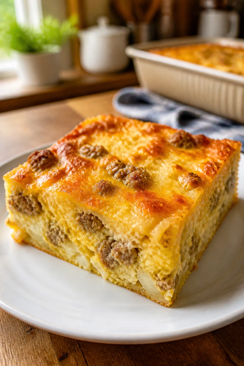 Close-up of a slice of Sausage, Egg, and Hash Brown Breakfast Casserole on a plate in a cozy kitchen