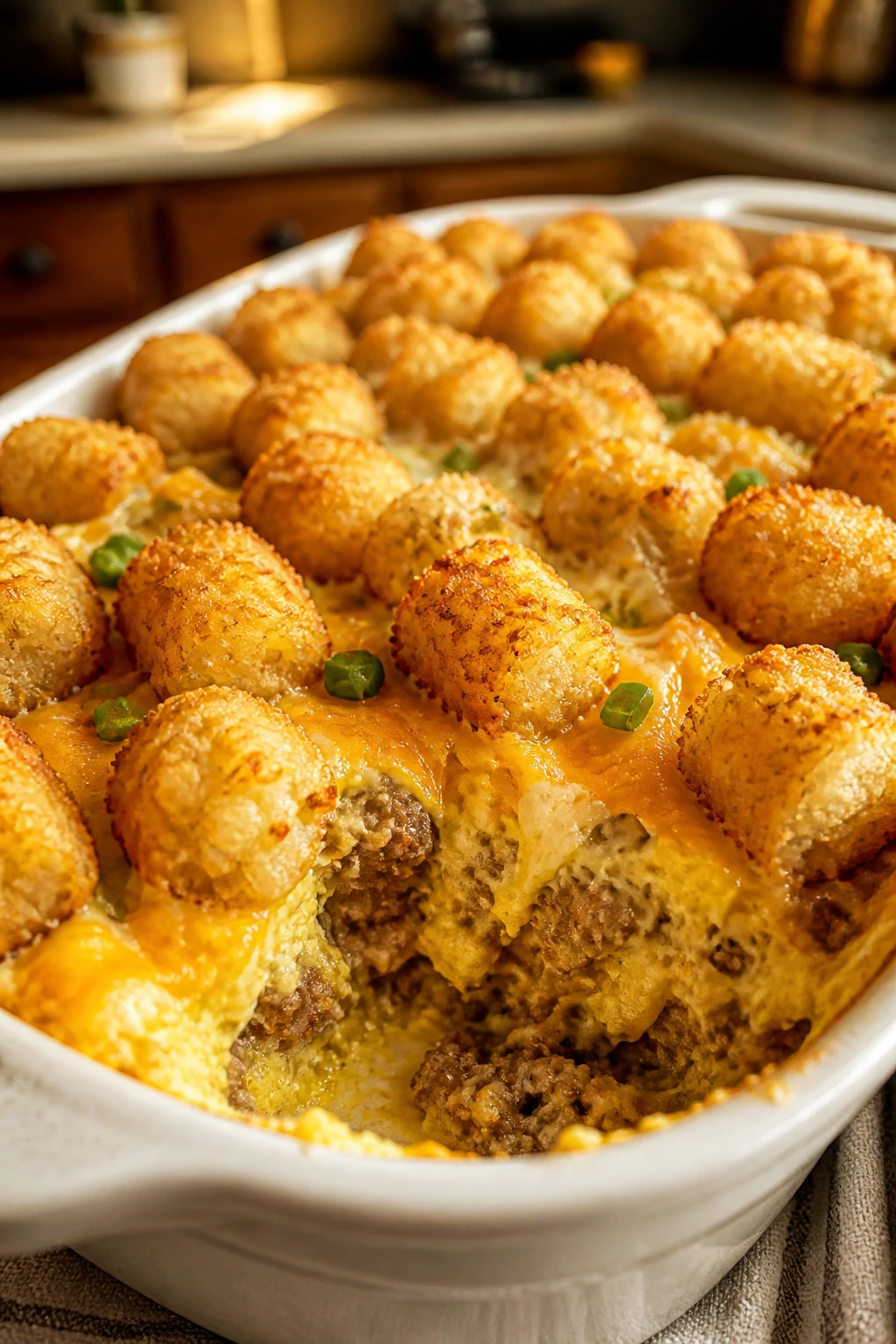 Close-up of breakfast-for-dinner casserole with eggs and sausage under a tot crust