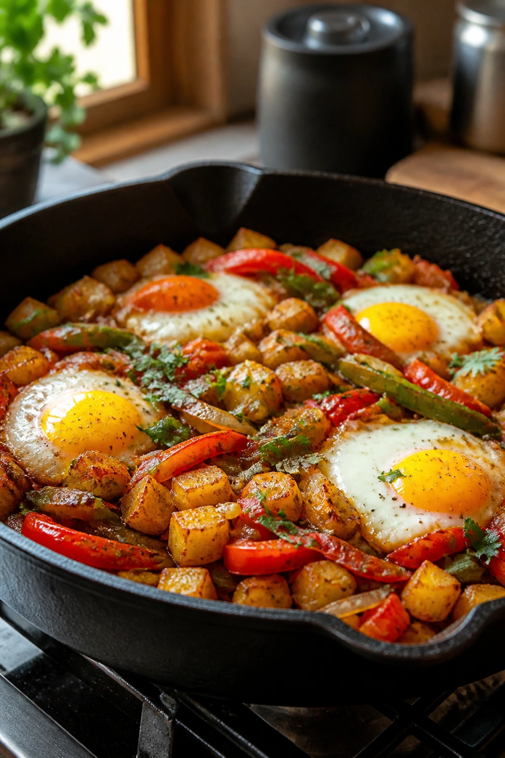 Skillet with eggs, potatoes, peppers and onions sizzling
