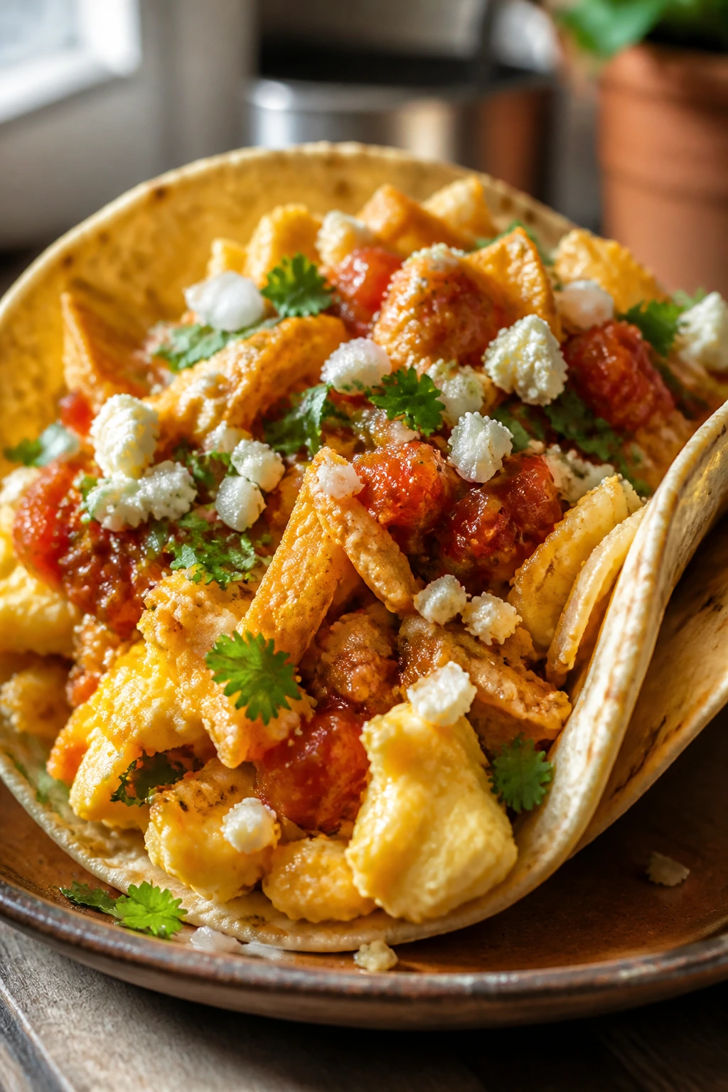 Migas breakfast taco with eggs, tortilla bits and cheese