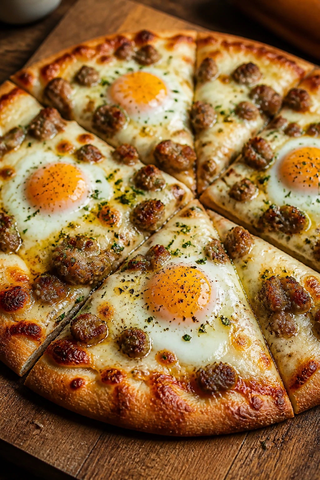 Close-up of breakfast pizza with sausage, eggs, mozzarella