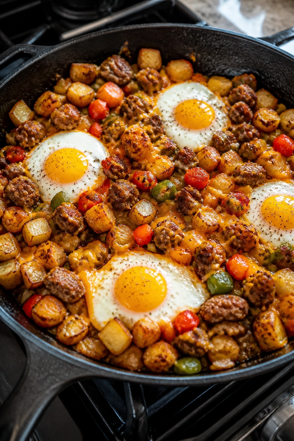 Close-up of potato hash with eggs and sausage in a skillet