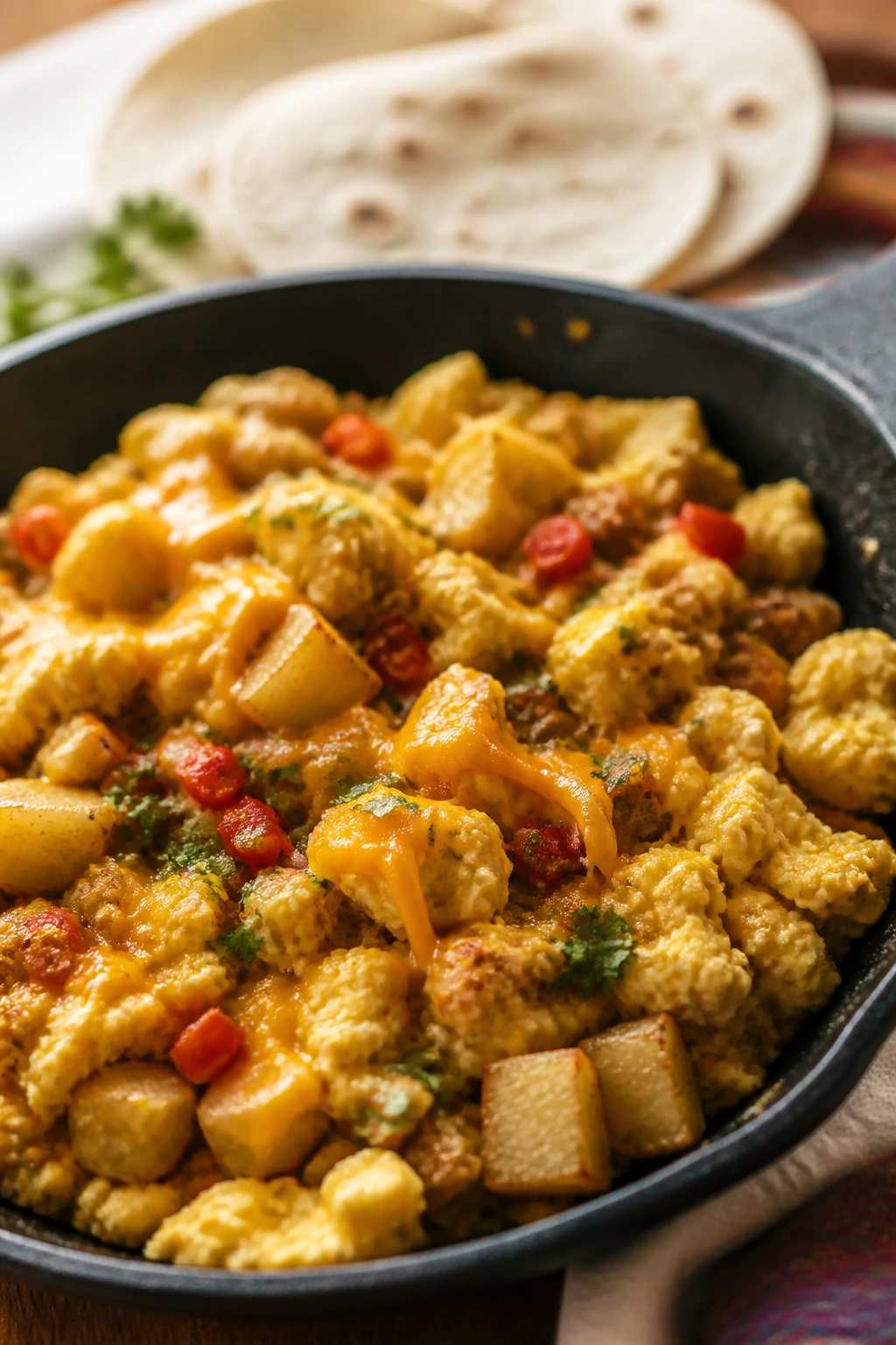 Close-up of breakfast scramble in a skillet