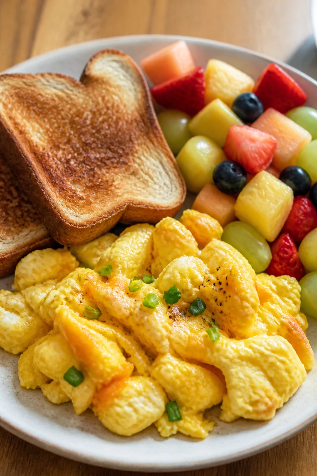 Close-up of scrambled eggs with cheese, toast, and fruit on a plate