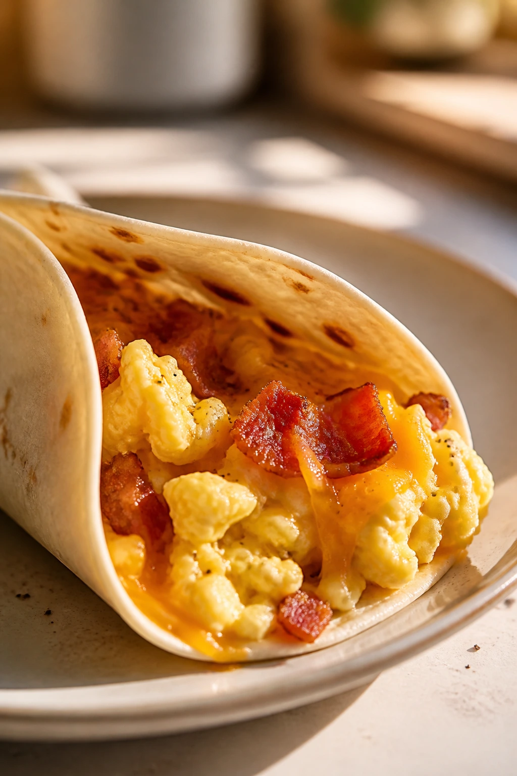 Close-up of a breakfast taco with soft scrambled eggs on a plate