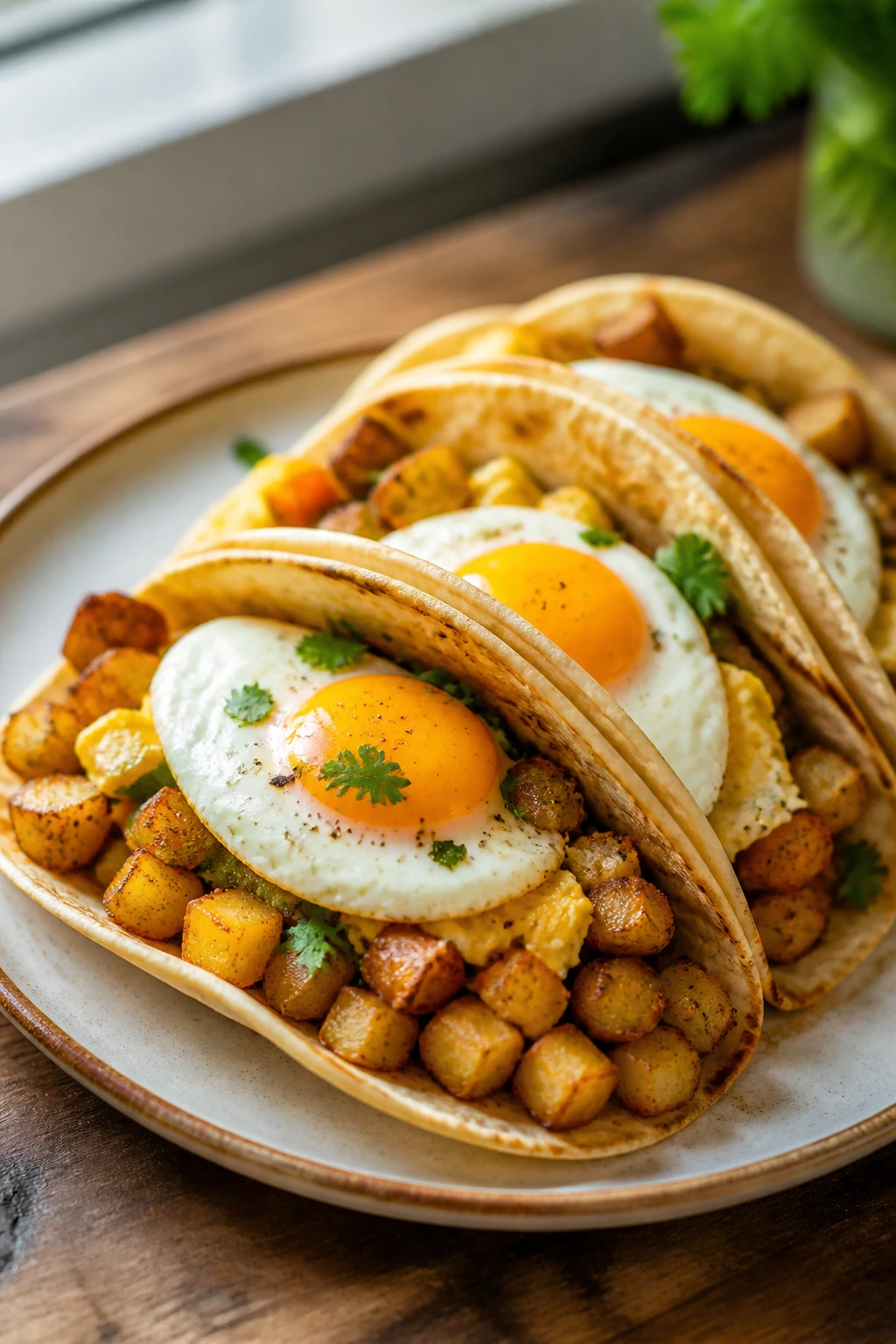 Tacos with potato hash and eggs on a plate in a bright kitchen