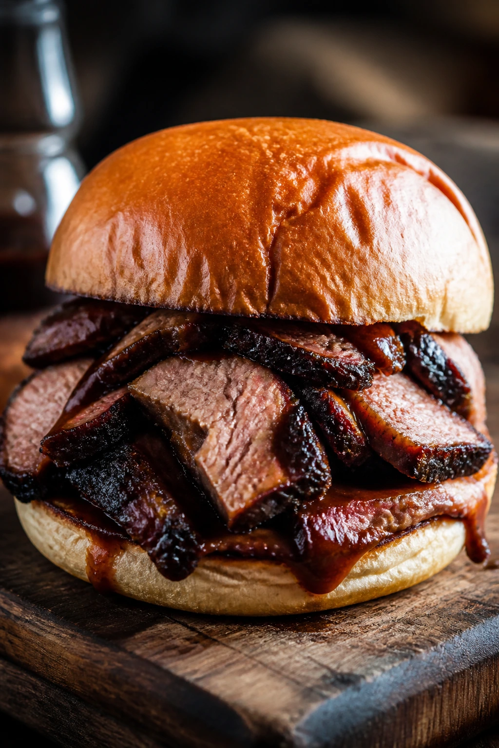 Close-up of a smoky brisket sandwich dominating the frame on a wooden board