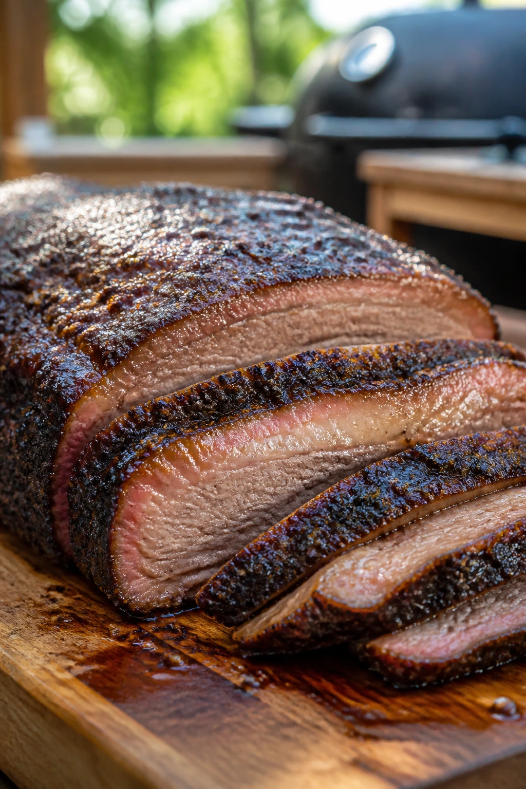 Close-up of smoked beef brisket with bark on cutting board