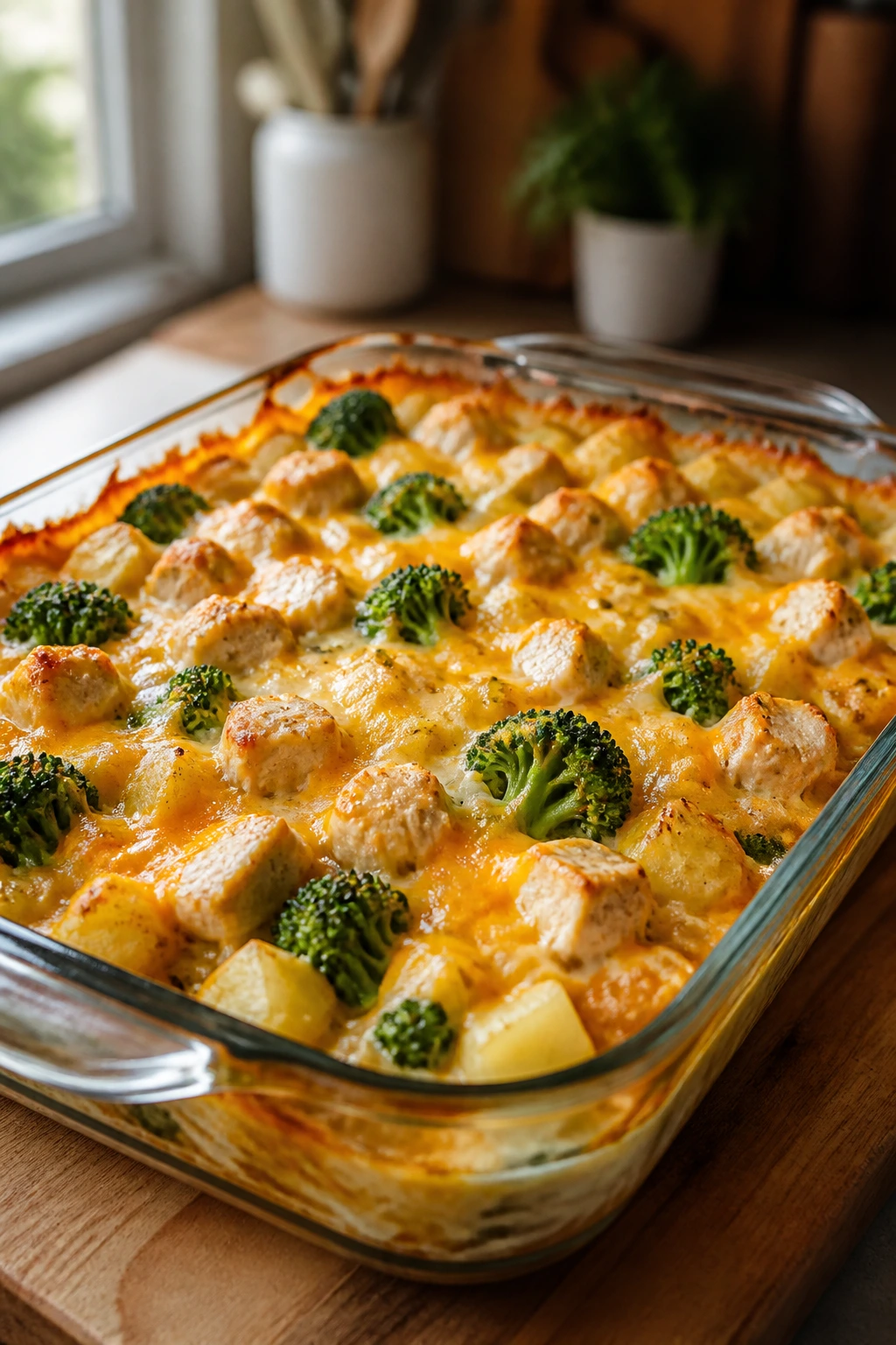 Close-up of broccoli cheddar potato chicken bake in glass dish in a warm kitchen