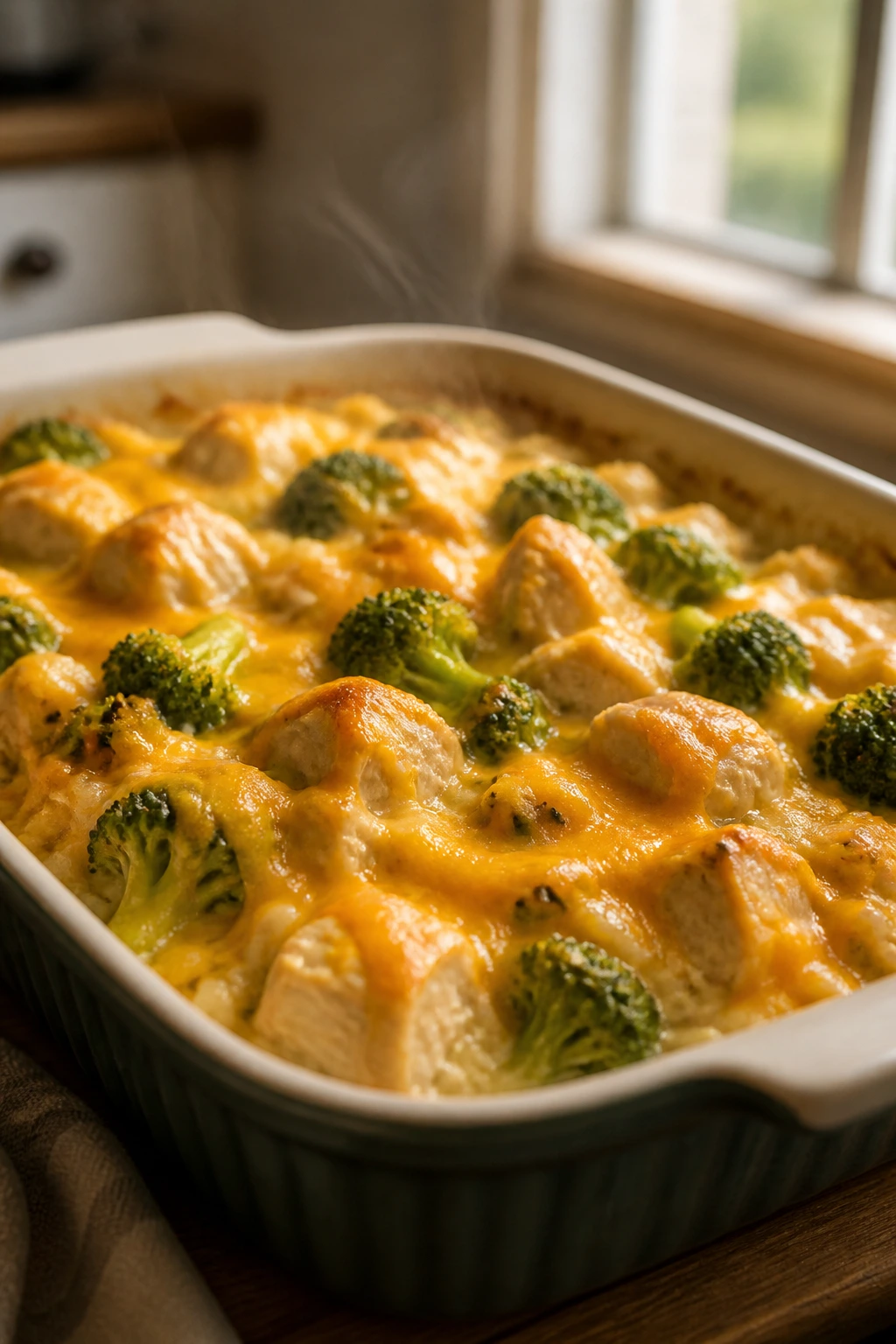 Medium close-up of broccoli cheddar chicken casserole with broccoli florets and melted cheese