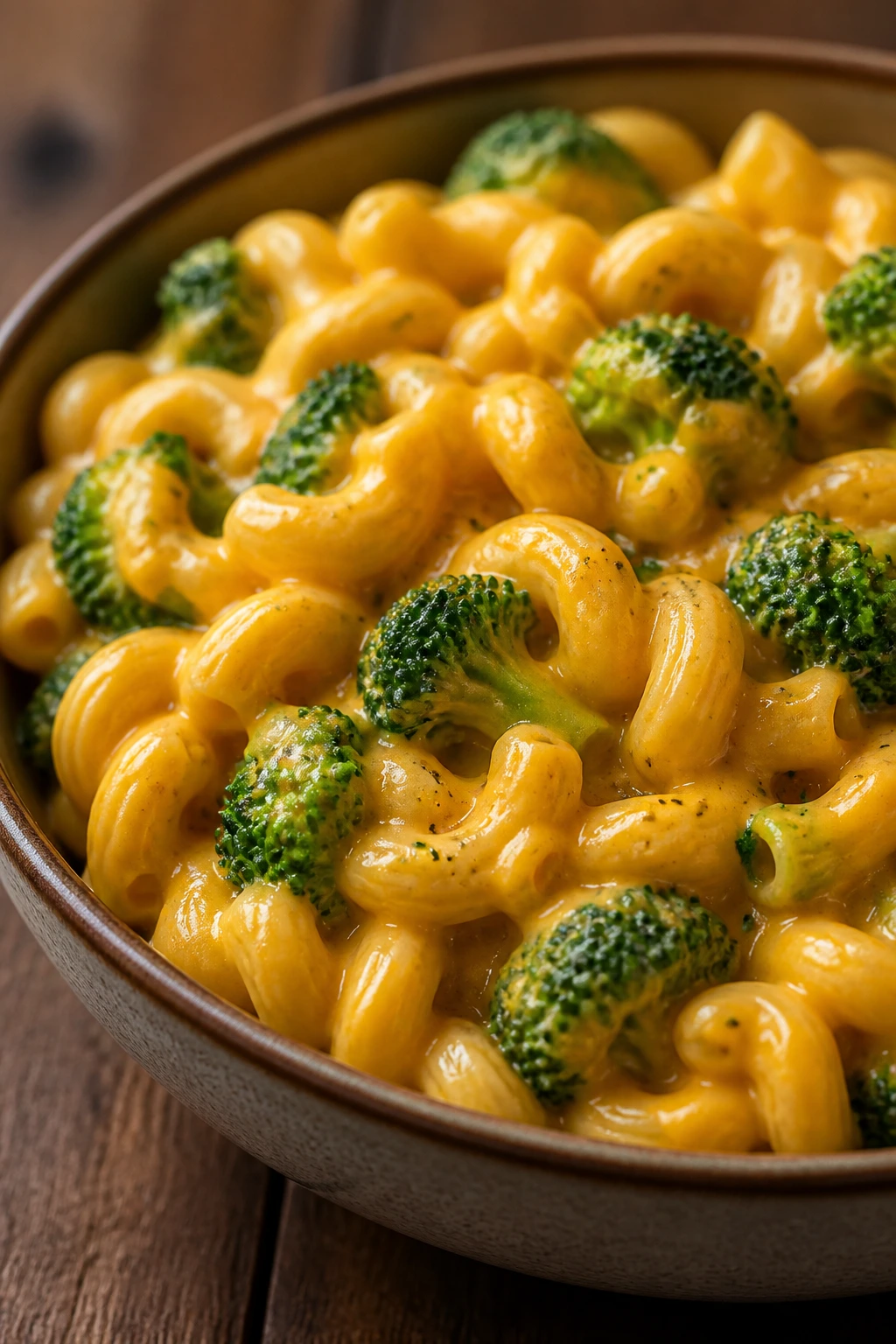 Cavatappi pasta with broccoli and cheddar sauce in a bowl
