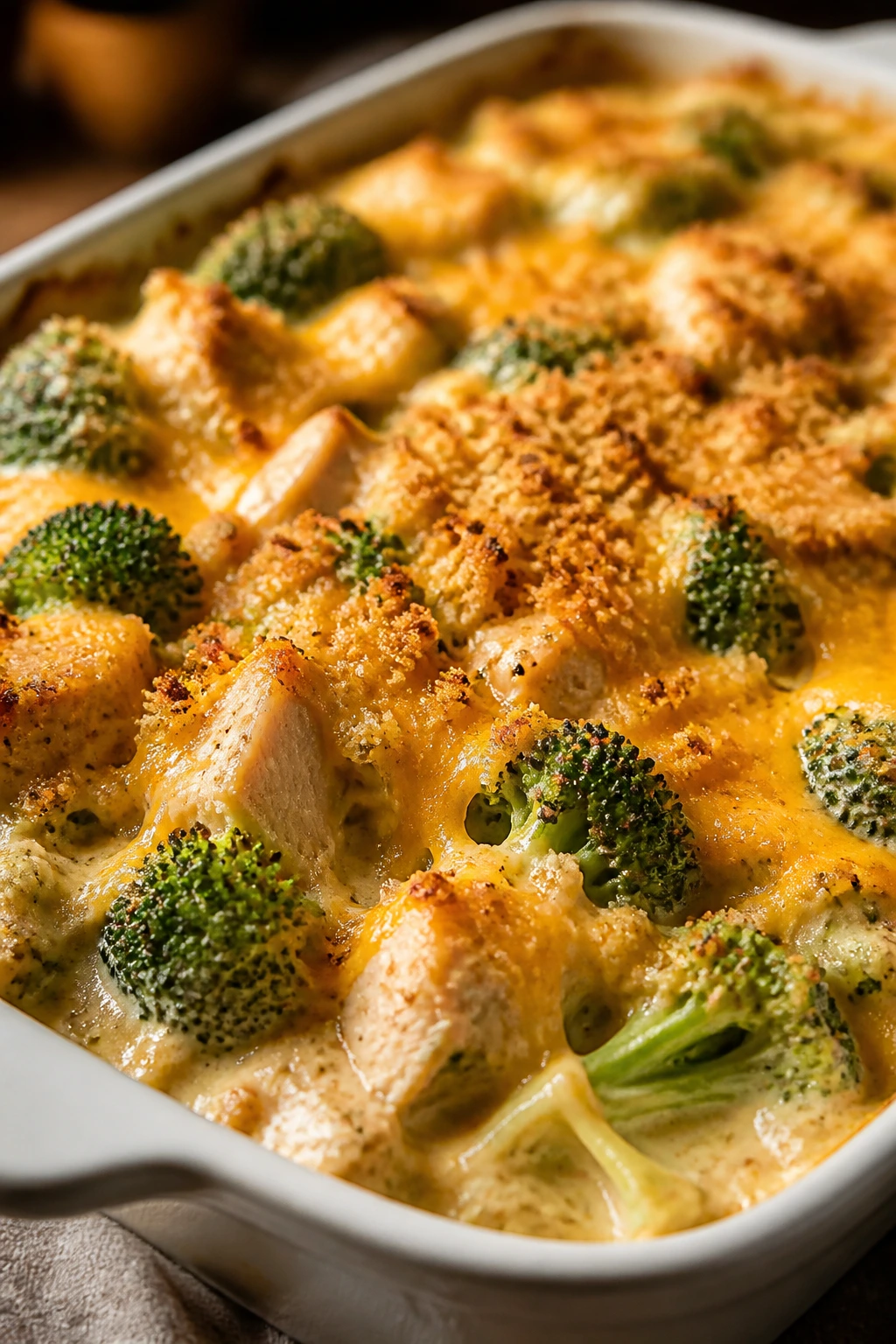 Broccoli cheddar chicken bake with bright green broccoli