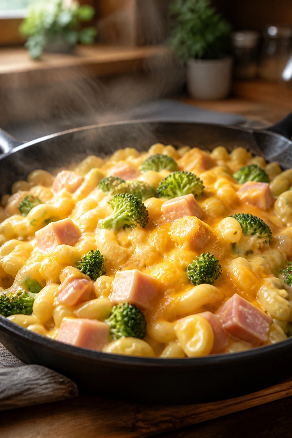 Close-up of broccoli cheddar mac with ham in a skillet, steaming in a warm kitchen