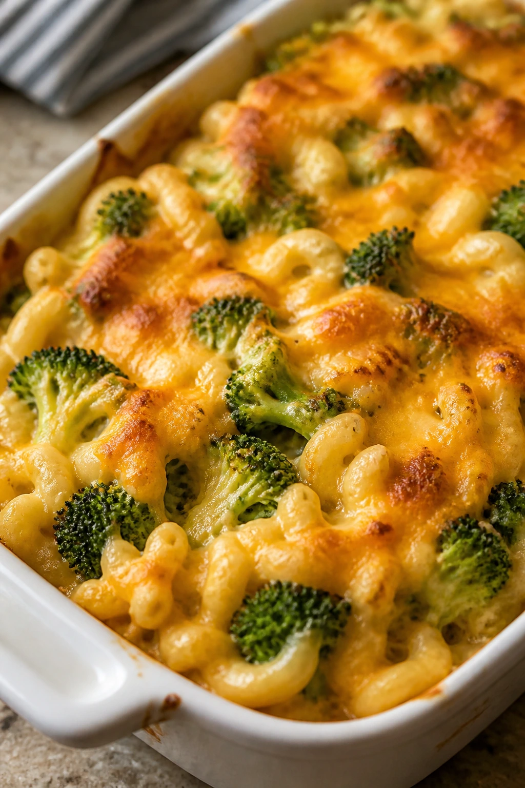 Broccoli cheddar pasta bake in a dish