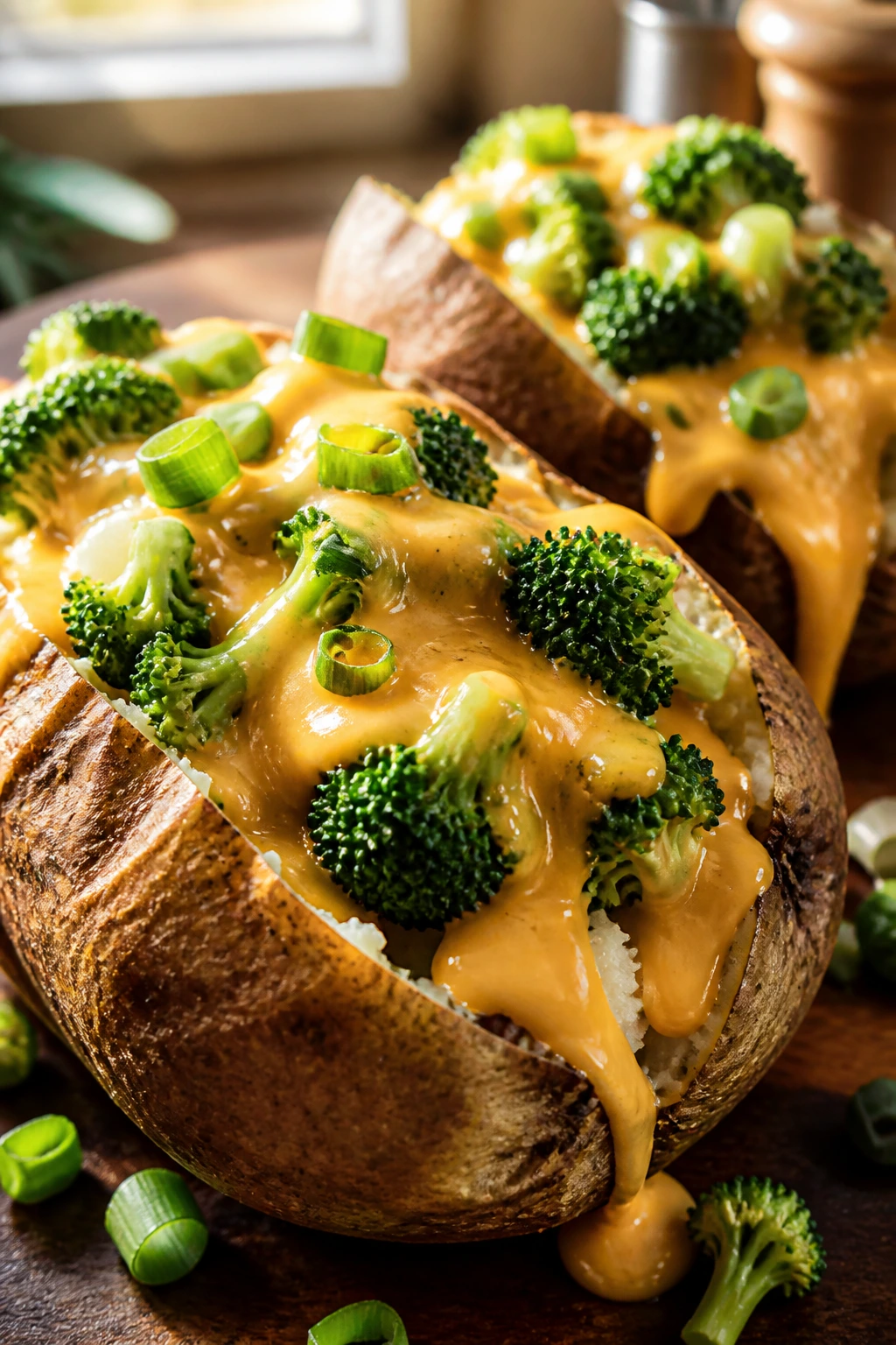 Close-up of split baked potatoes topped with broccoli, cheddar sauce, and scallions in a rustic kitchen.