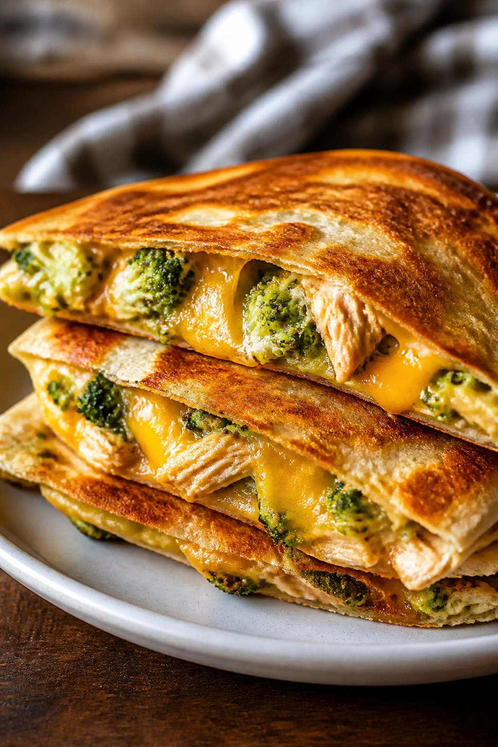 Half-cut broccoli cheddar chicken quesadilla showing gooey cheese