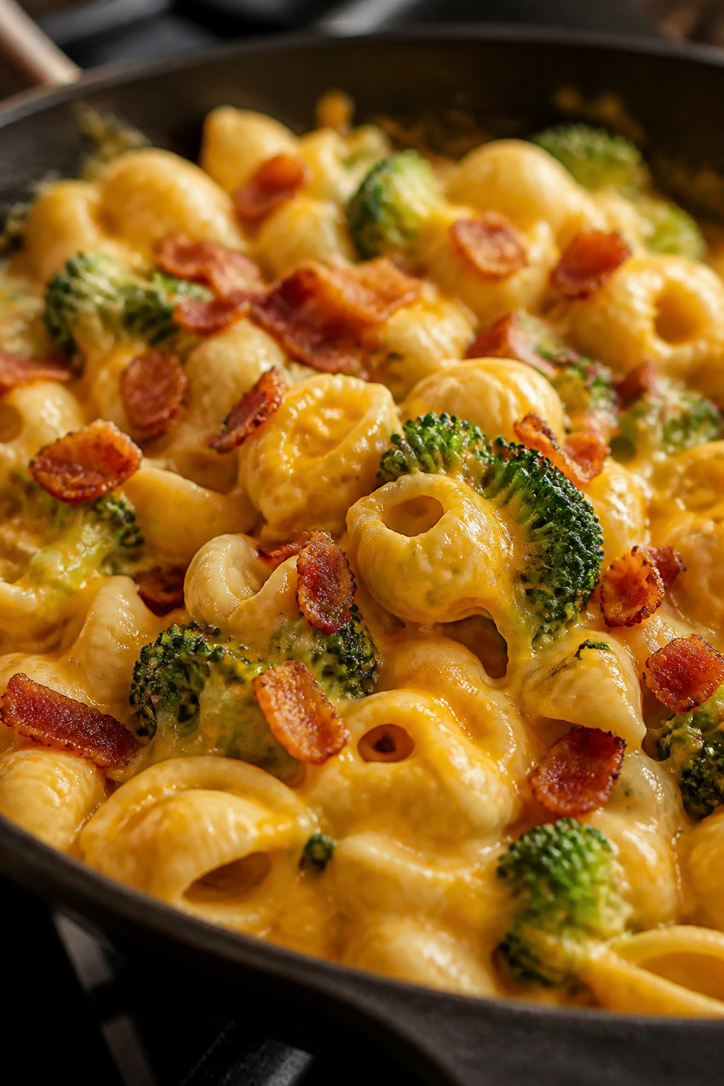 Close-up of broccoli cheddar shells with bacon
