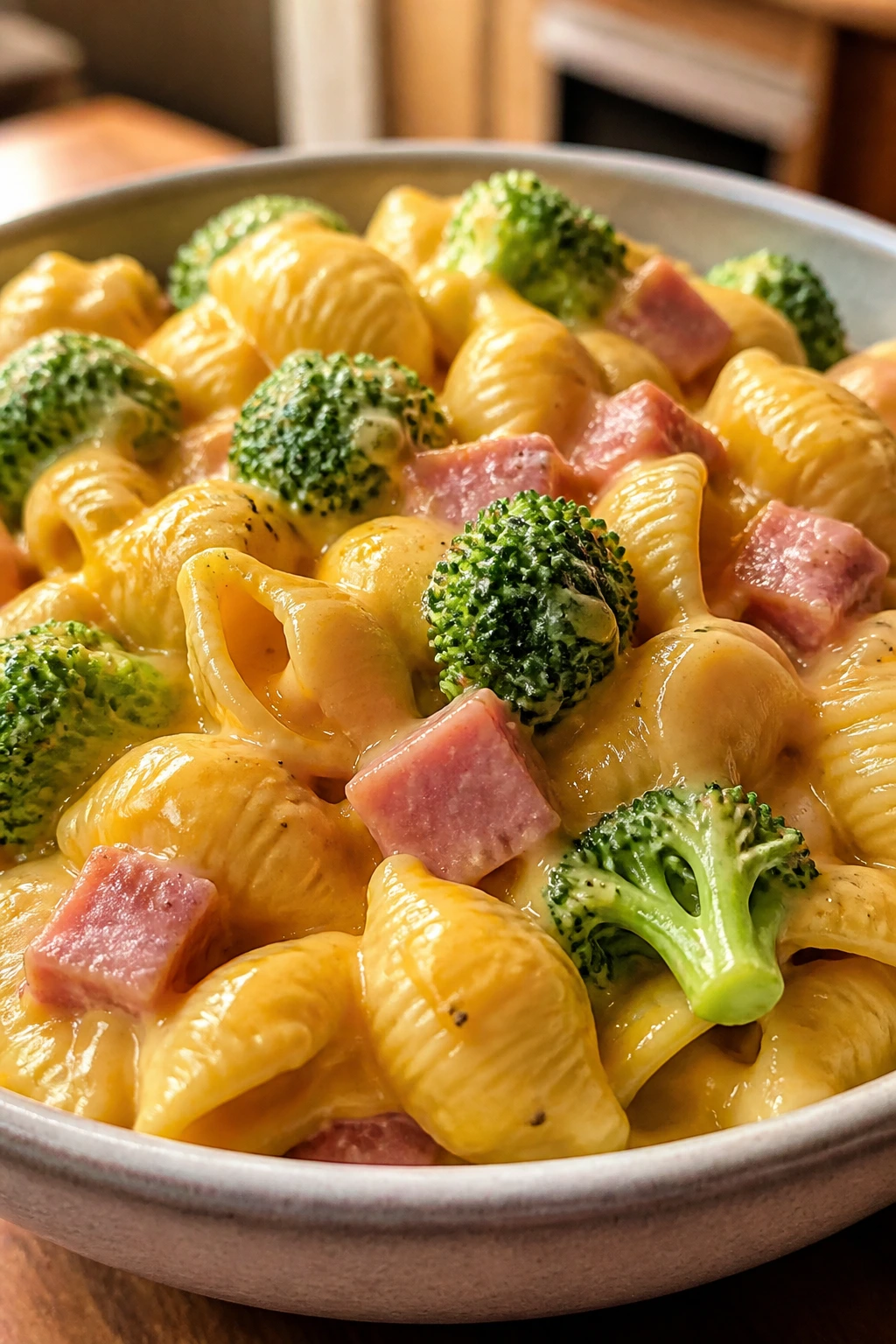 Shells with broccoli and ham in cheddar sauce