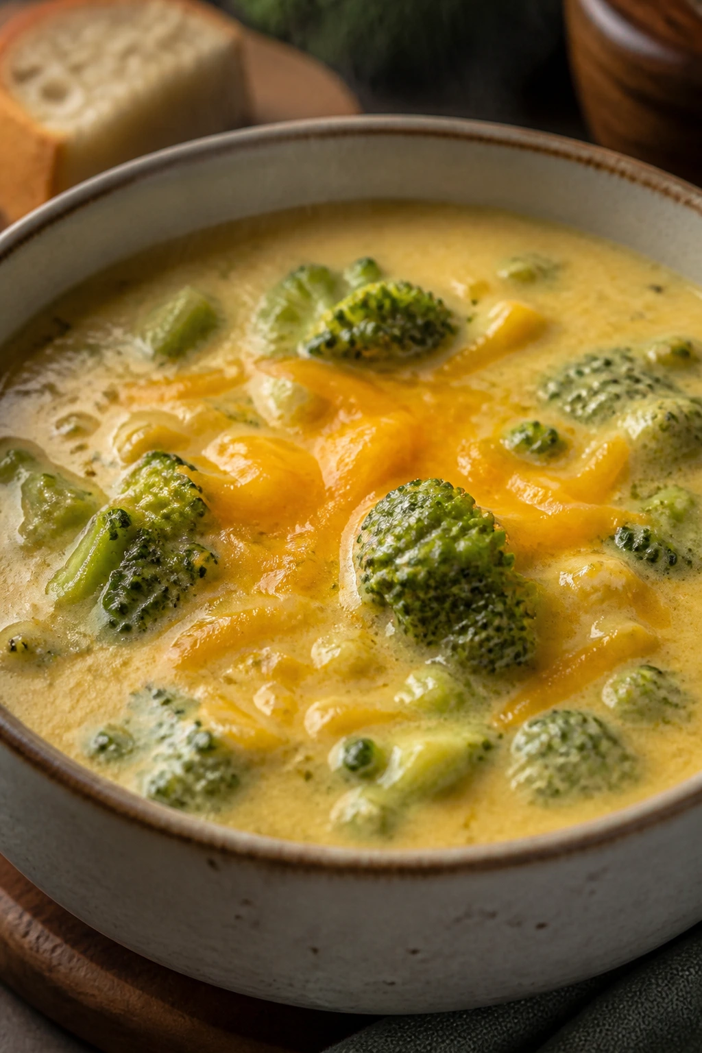 Creamy broccoli cheddar soup with broccoli florets
