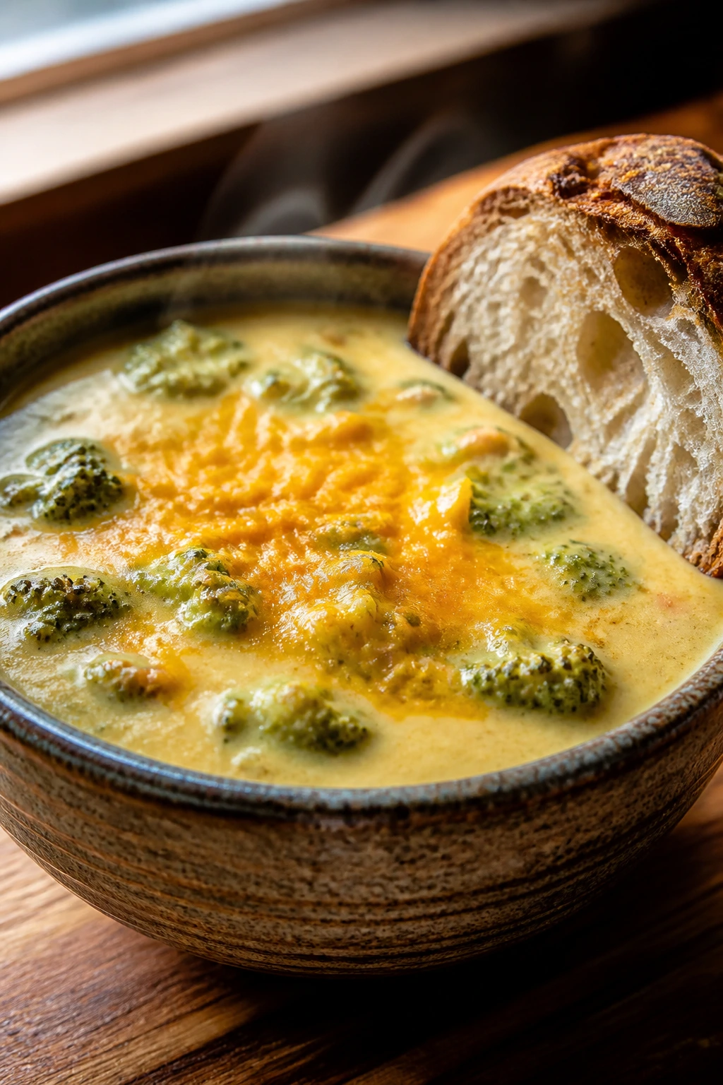 Close-up of thick broccoli cheddar soup in a rustic bowl with crusty bread